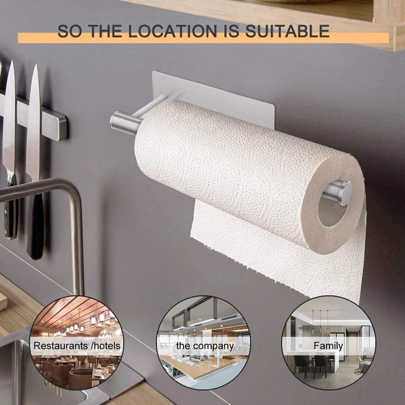 

Kitchen Roll Holder Stainless Steel Paper Towel Holder Under Cabinet Wall Mounted with Extra 2 Self Adhesive Hooks