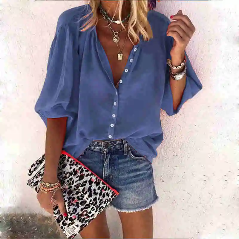 Женские блузки из шифона с v-образным вырезом осенняя элегантная однотонная