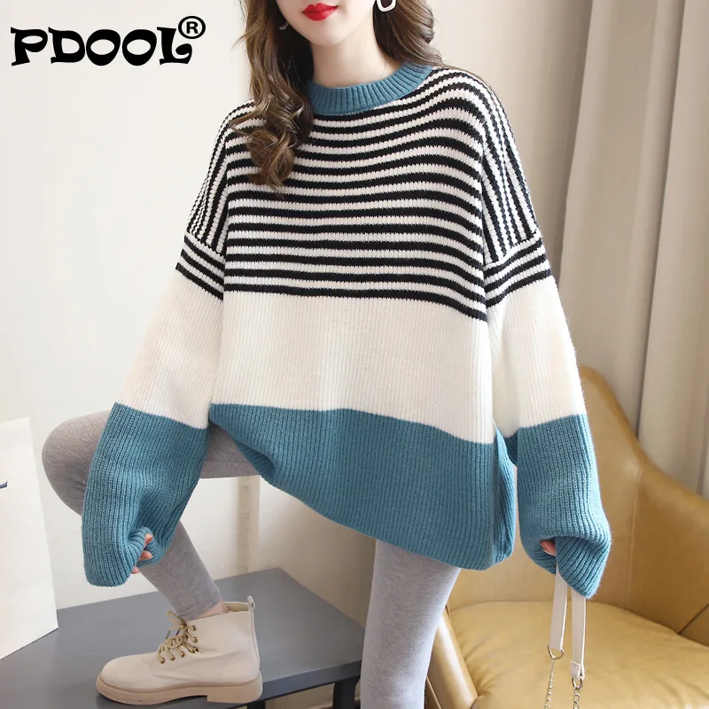 

Medium Length Striped Sweater Women's New 2021 Autumn Winter New Loose Lazy Style Knitted Bottomed Shirt Versatile Pullover
