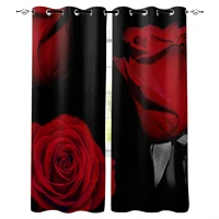 red rose flower black windows curtains for living room bedroom decorative kitchen curtains drapes treatments