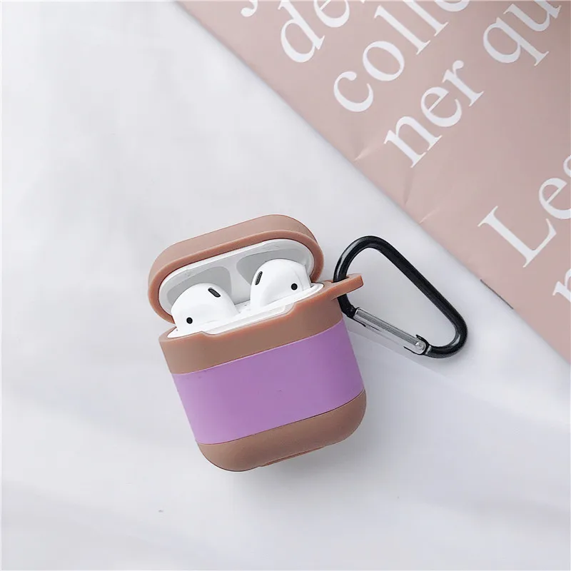 Khaki+Purple Чехол для AirPods с милым рисунком лимонного чая Vitasoy Milk силиконовый защитный чехол для наушников Airpods 2 с крюком аксессуары для AirPods - Цвет: Khaki+Purple
