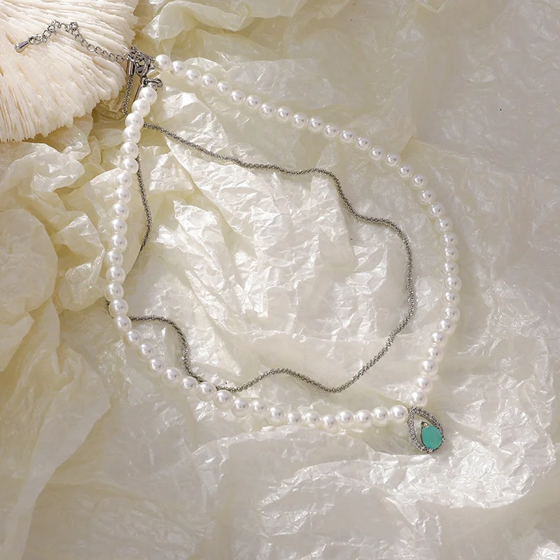 

Origin Summer Shiny Blue Stone Waterdrop Pendant Necklace for Women Bead Faux Pearl Rhinestone Double Layer Necklace Jewelry