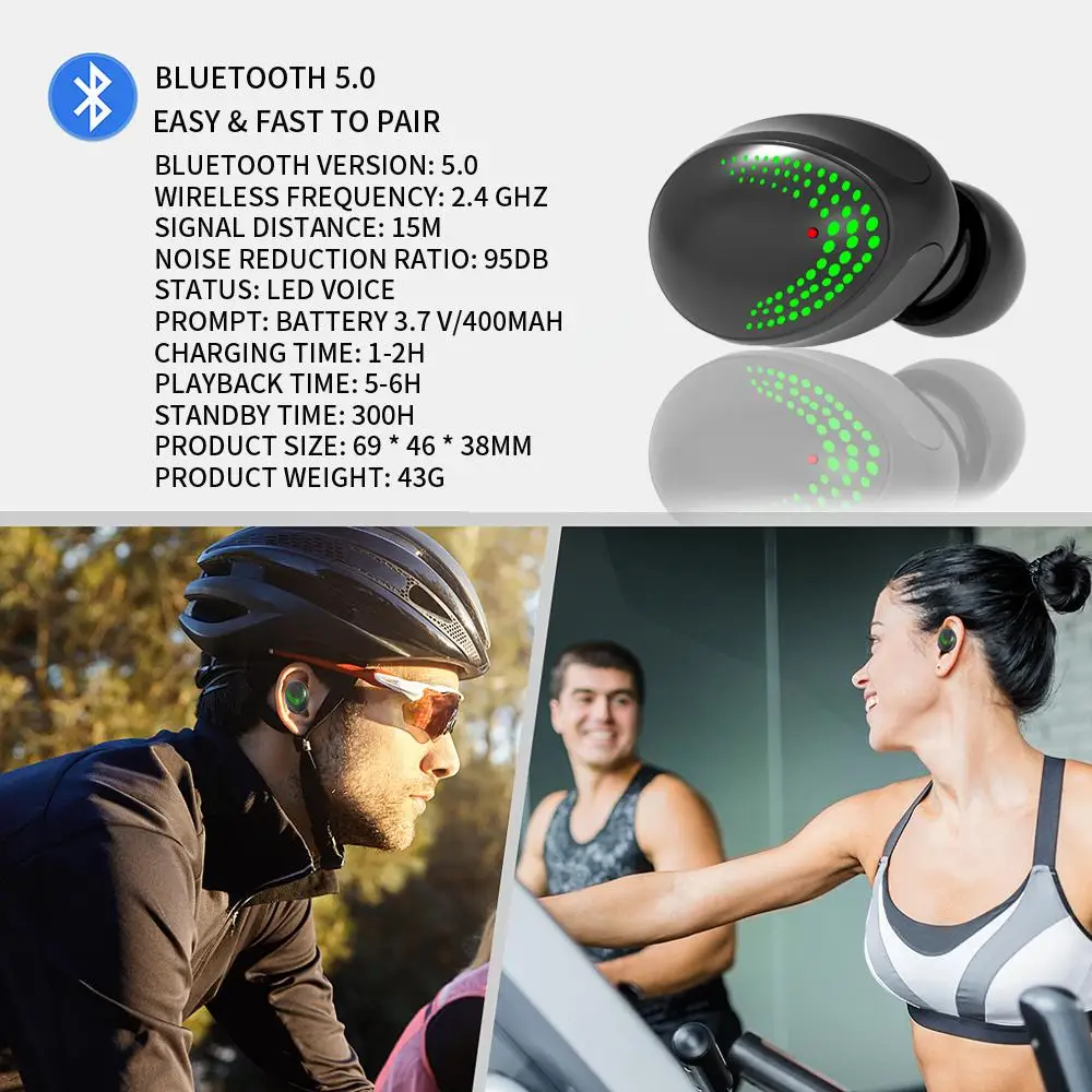 

Bluetooth Wireless Earphones Stereo Earbuds Music Headphones With Microphone for Xiaomi Huawei Iphone With Power Display