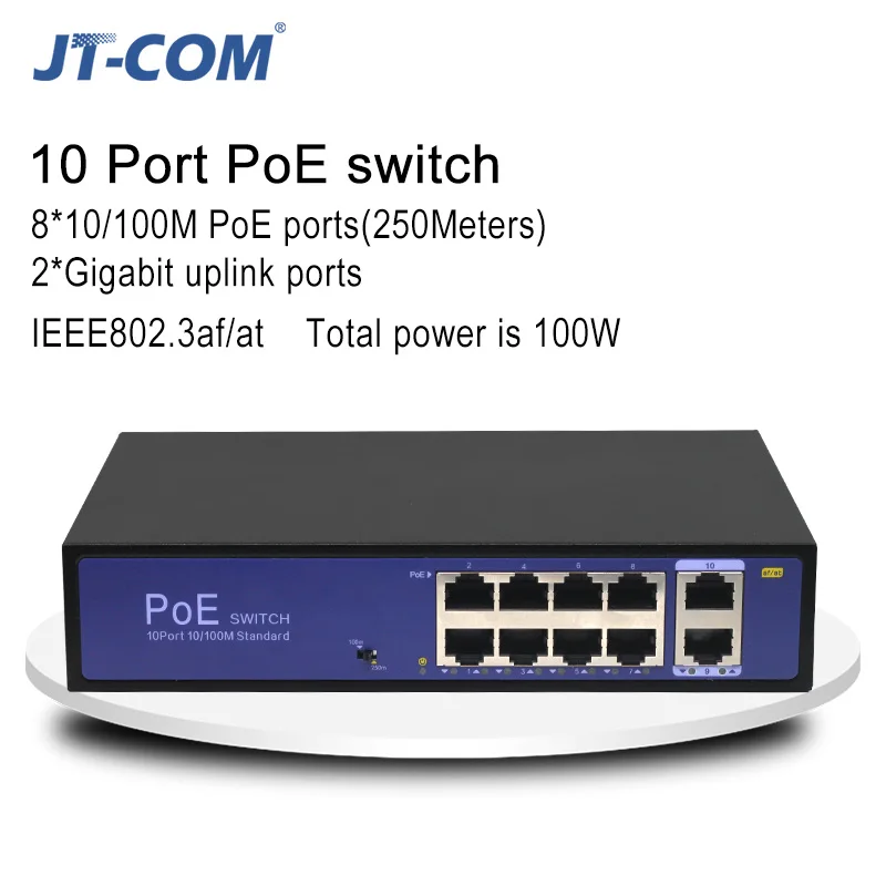 Сетевой коммутатор POE 48 В Ethernet с портами 10/100/1000 Мбит / с 5/6/8/10 IEEE 802.3af / at Подходит для IP-камер / беспроводных систем AP / камер видеонаблюдения с адаптером питания 100 Вт - Цвет: 8PE2GE 100W 250m