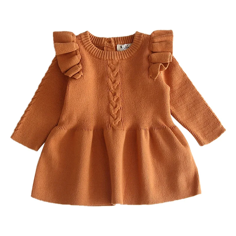 caramel colour Одежда для маленьких девочек; сезон осень-зима; трикотажное платье принцессы с длинными рукавами; воротник в виде листка лотоса; Кукольное платье; платье для девочек; одежда для малышей - Цвет: caramel colour