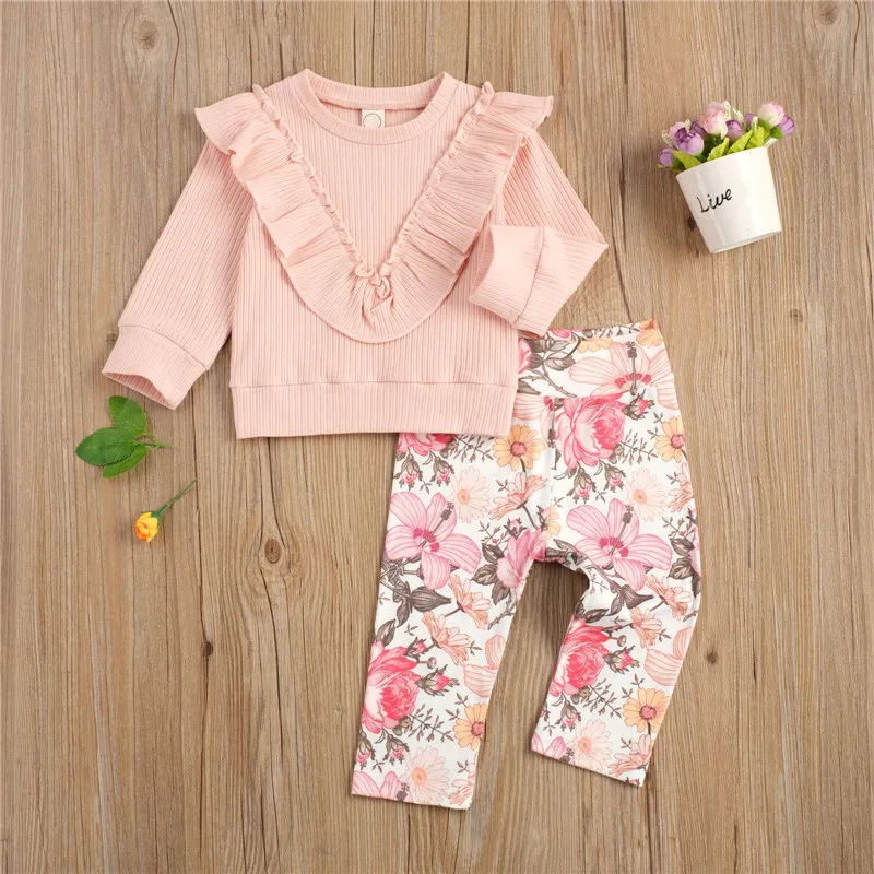 

Осенний комплект одежды из 2 предметов, однотонный Цвет из кружевного топа с длинными рукавами и брюк с цветочным принтом для маленьких дево...