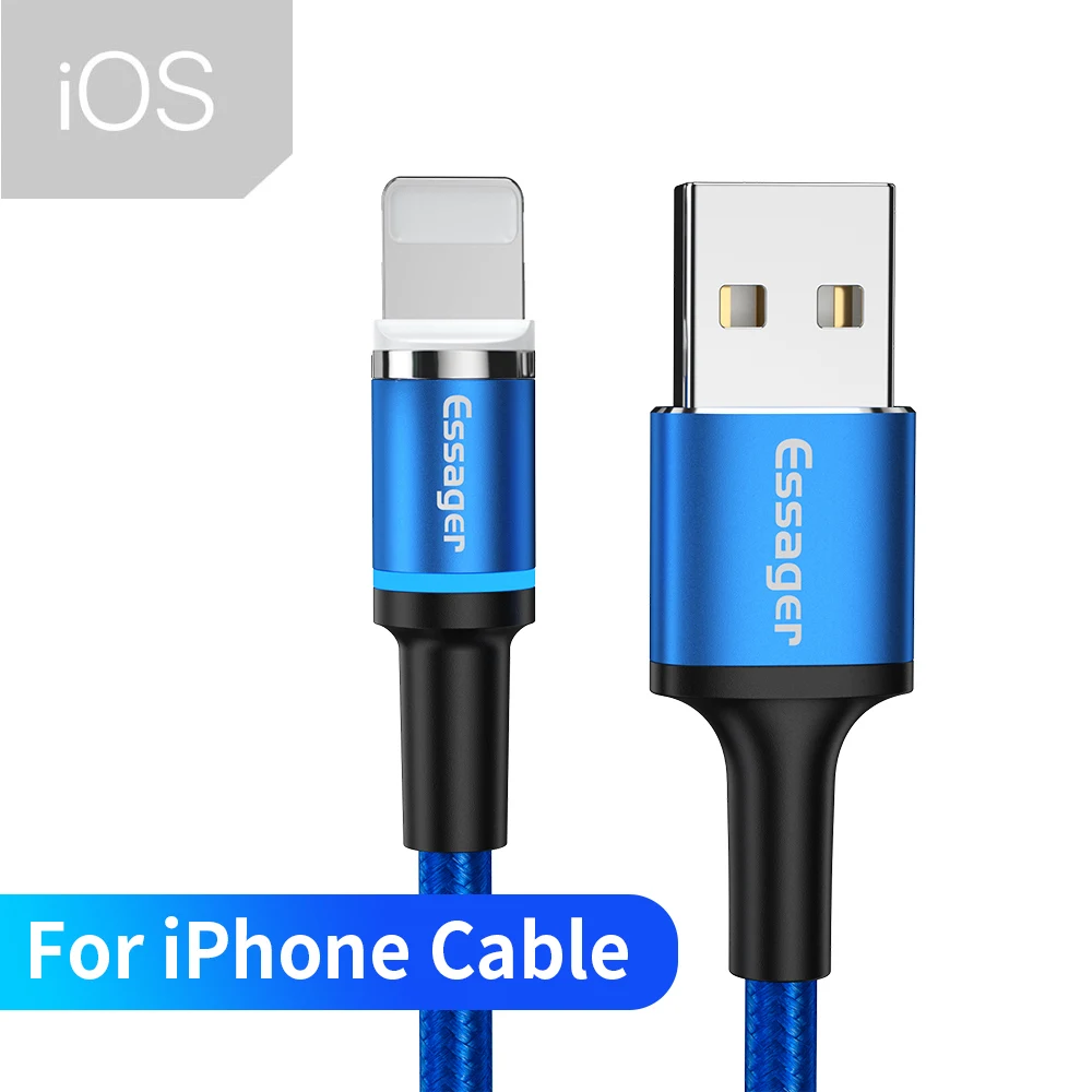 Blue iOS Cable Essager Led Магнитный mi cro USB кабель для быстрой зарядки type c кабель магнитное зарядное устройство, кабель для iPhone 11 XR X Xiaomi mi 9 Red mi Note 7 - Цвет: Blue iOS Cable