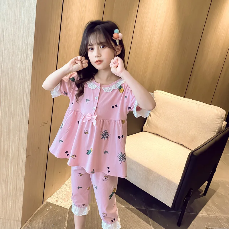 

Summer Night Pajamas For Girls Soft Cotton Short Sleeve Pyjamas Set Children Cute Floral Print Sleepwear Kids Leisure Home Wear