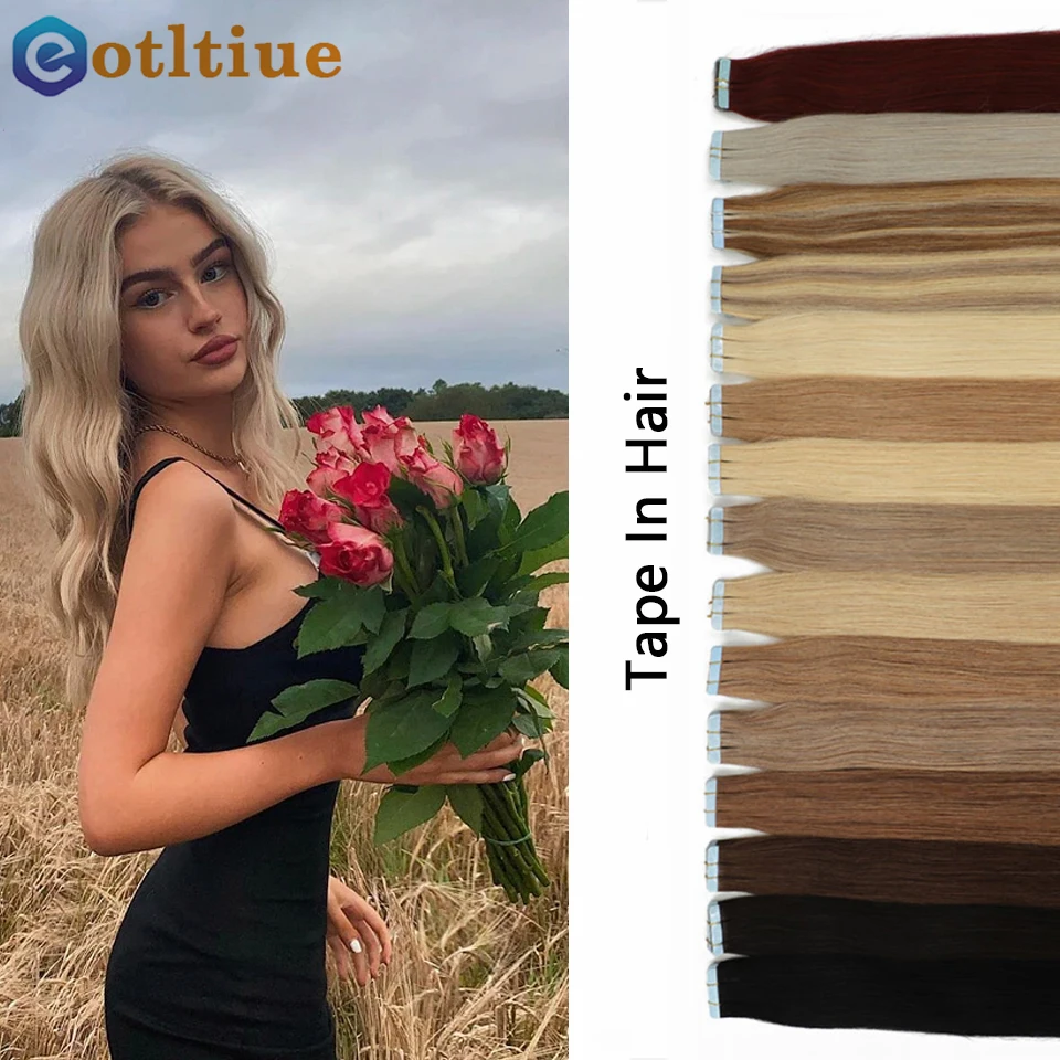 Eotltiue Human Hair Extensions Tape In Straight Seamless Invisible Machine Made Tape Ons Remy Adhesive Extension 16inch 1.5g/Set