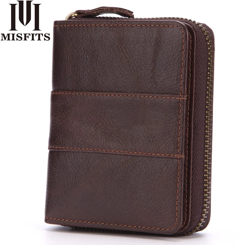 

New men's short wallet multi card head layer oil wax leather handbag solid color zipper bag leisure bag