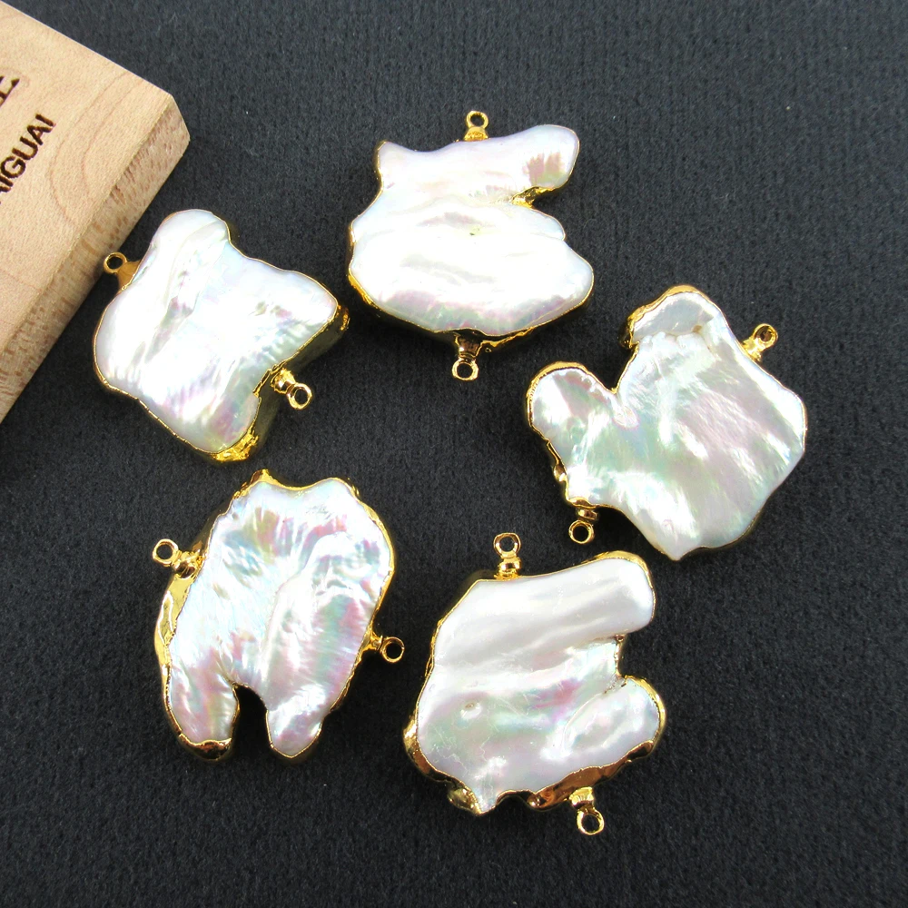 

Wholesale 5 pcs Freshwater Cultured White Keshi Pearl Pendant Double Ring Metal Bezel Connector