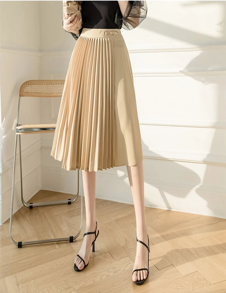 

2021summer High Waist Pleated Skirt Casual Women Midi Overskirt Retro Lady Fashion Pure Color Plus Size Skirt New Design Dress