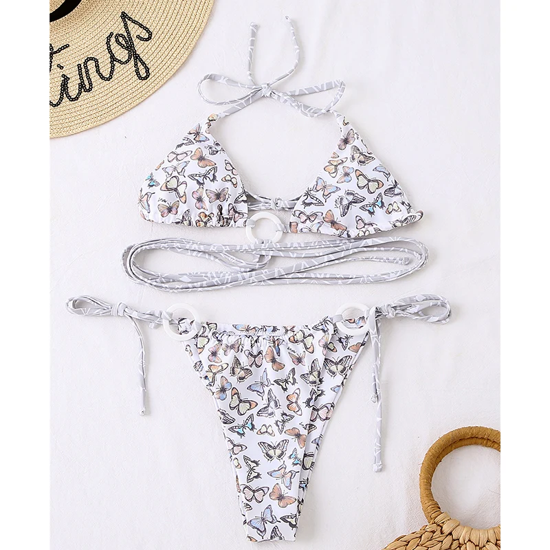 

Brazilian Retro Butterfly Print Swimwear Women Bikinis Sexy Cross Straps Swimsuit Triangle Beachwear Backless New Biquini