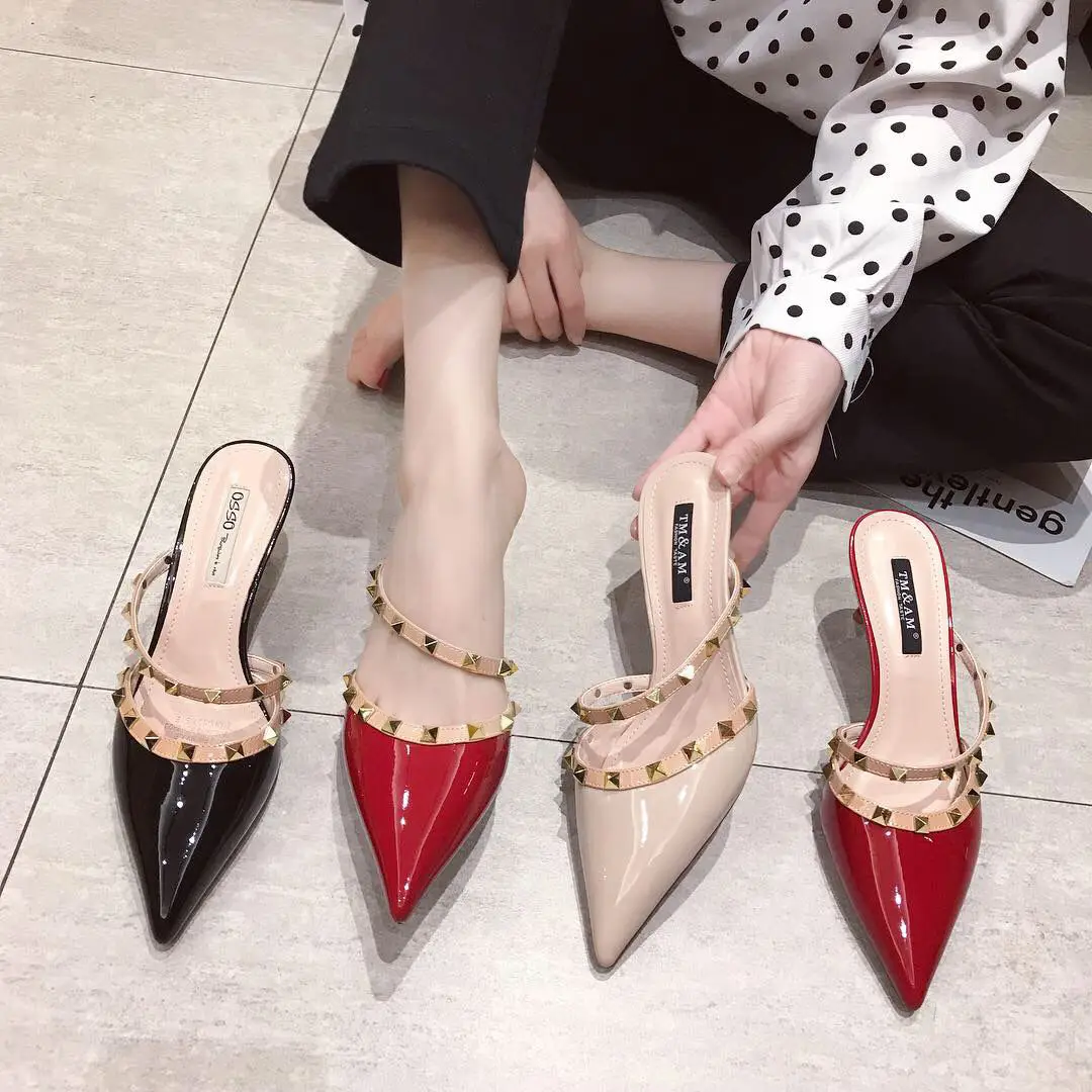 

Internet Hot Slippers Women's Summer 2021 New Fashion Rivet Pointed Toe Stiletto Heel High Heels Toe Cap Slippers Women's