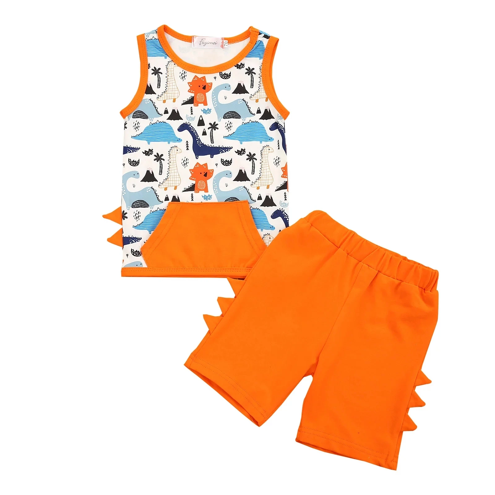 

2021 0-24M Casual Baby Boy Clothing Cartoon Dinosaur Print Sleeve Top Vest With Pocket+Horn Shorts Summer 2pcs Cotton Set