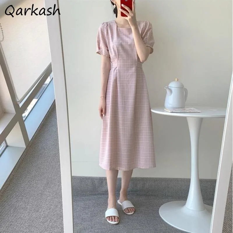 

Plaid Dress Women Empire Harajuku Japan Style Tender Simple Bandage Mid-calf Feminine Leisure Vintage Elegant Vestidos Summer