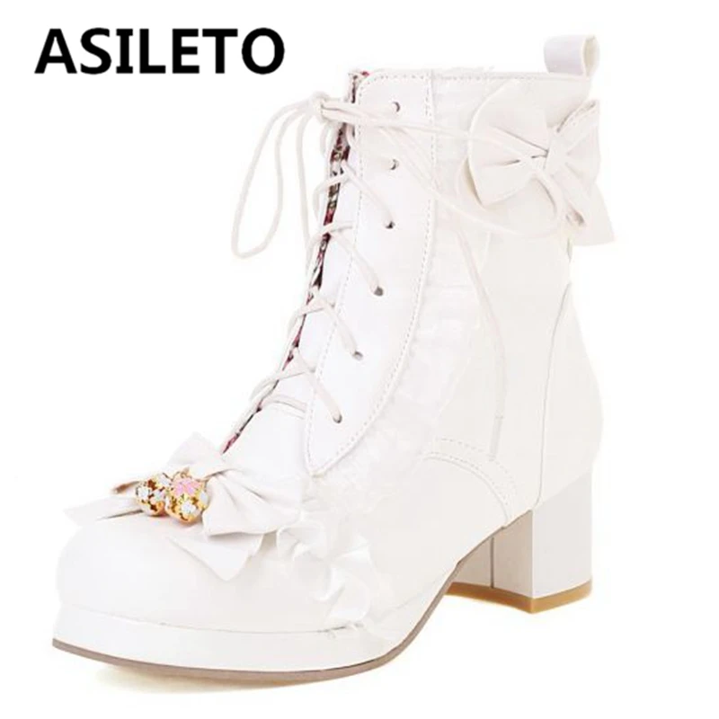 

ASILETO Botines de mujer Buty Lolita Style Ankle Boots Square Toe Chunky Heels Zipper Lace-up Charm Big Size 30-48 Autumn S2718