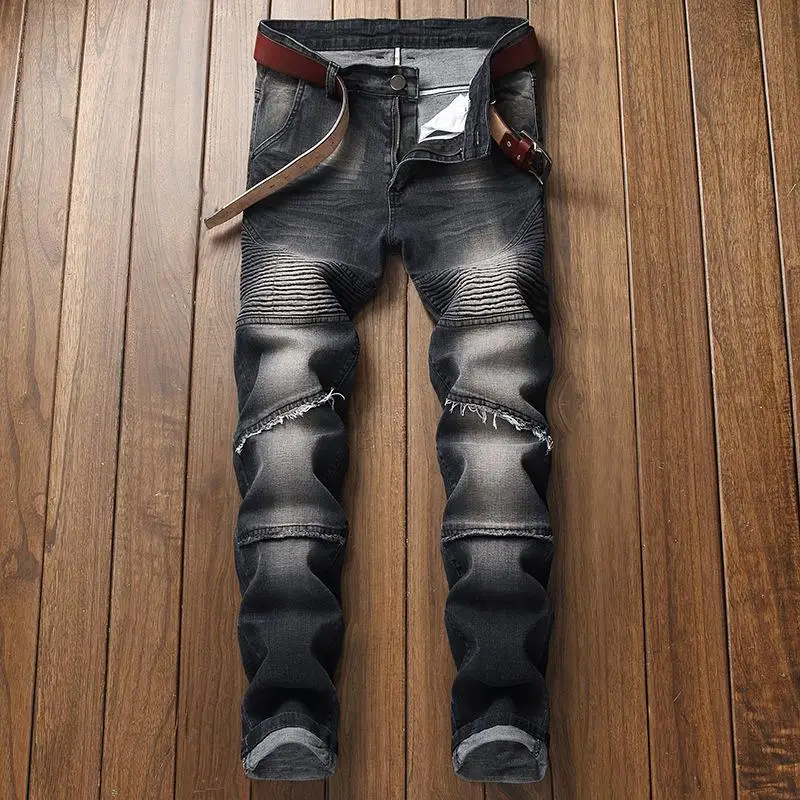 

Men's Jeans Elastic Embroidery Jeans Men's Ripped Biker Denim Pants