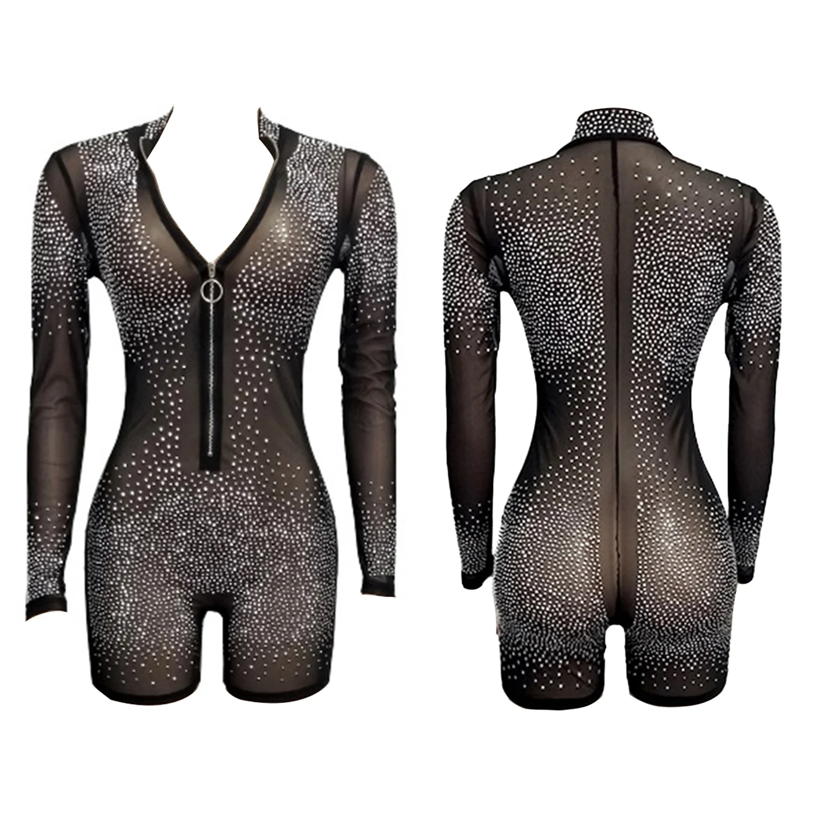 

# S-XL женский прозрачный комбинезон с длинным рукавом, прозрачное Сетчатое боди на молнии, Клубная одежда, костюм для вечеринки, для танца на ...
