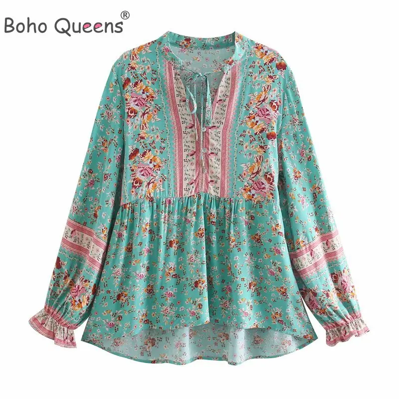Boho Queens женские топы винтажные с цветочным принтом кисточками свободные блузки