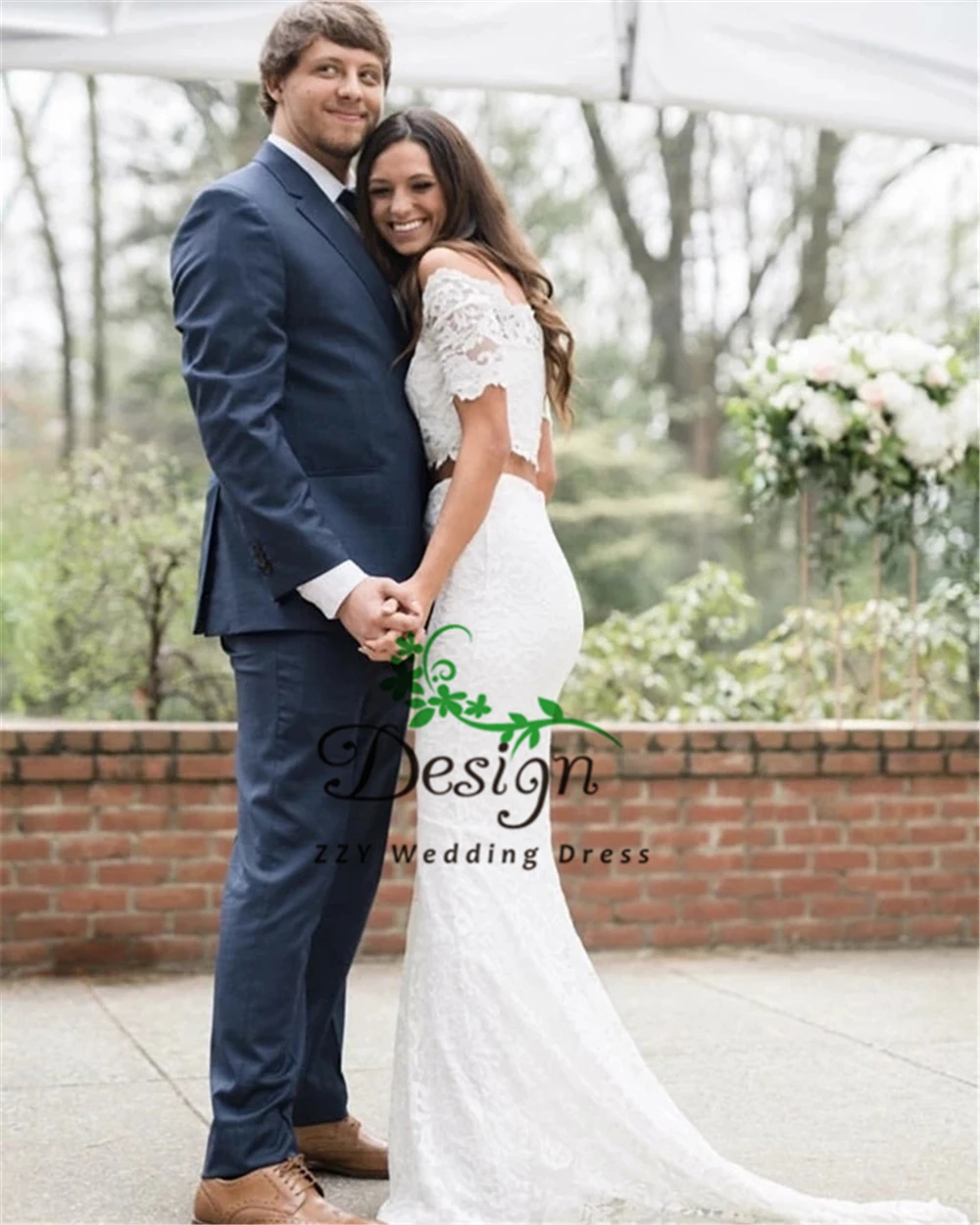 

Boat Neck White Two-Pieces Lace Mermaid Wedding Dresses Vestido De Noiva Dropped Custom-Made Court Train Vestido De Novia Corto