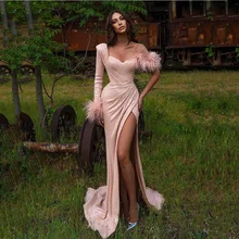 Glitter penas sereia vestido de noite contas um ombro mangas baile formal lado dividir sext menina vestidos de festa robe de mariée (3)