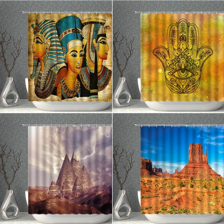 

Ancient Egypt Shower Curtain Ethnic Customs Style Tropical Desert Architecture Bathroom Decor Hanging Curtains Set With Hooks