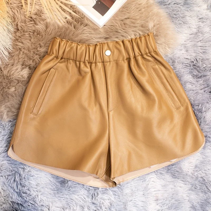 Streetwear Real Women Sheepskin High Waist Shorts Female Genuine Leather Shorts Women's Clothing Ropa Mujer TN2335