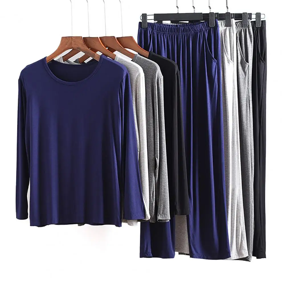 

Sleepwear O-Neck Long Sleeve T-shirt Soft Modal Men Top Pants Loose Pajama Set for Home
