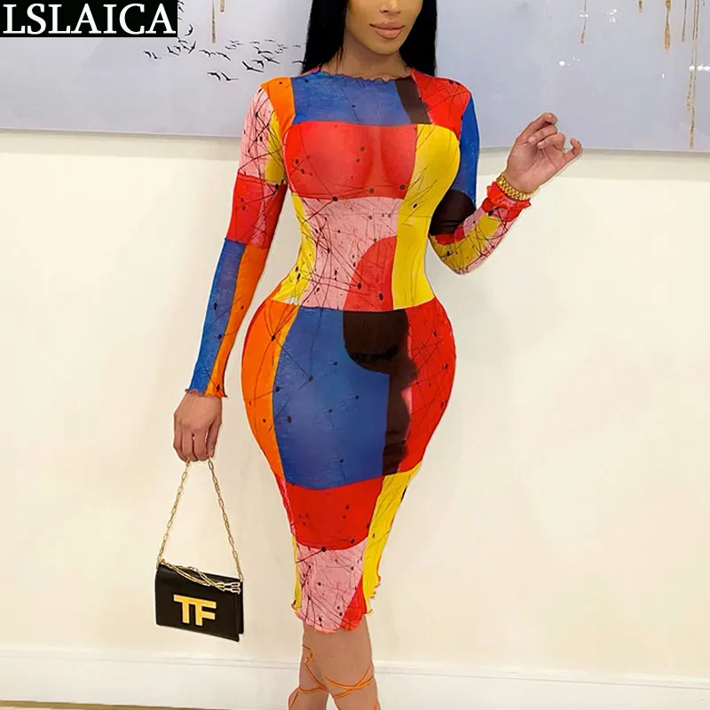 

Платье-миди женское с длинным рукавом, высокой талией и принтом