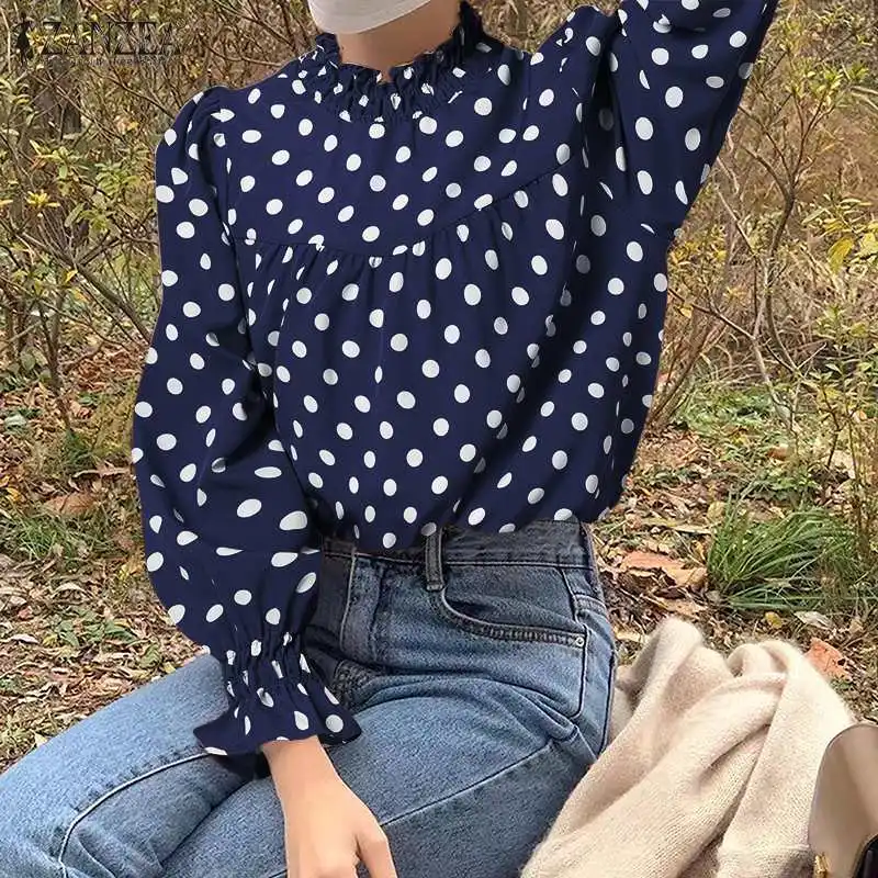 

Блузка ZANZEA Женская в горошек, модный топ с пышными рукавами, Офисная Повседневная рубашка оверсайз с воротником-стойкой, осень 2021