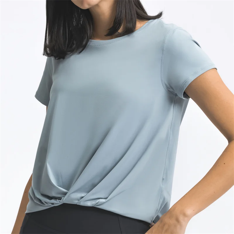 

Nepoagym TEMPO Women Lightweight Brushed Workout Tops Loose Fit Waist Length Gym Shirts Short Sleeve Scooped Front Yoga Tees