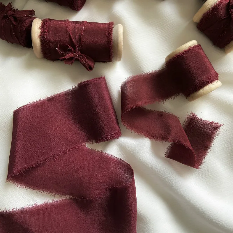 25 мм шифоновые шелковые ленты с необработанными краями бордового и красного