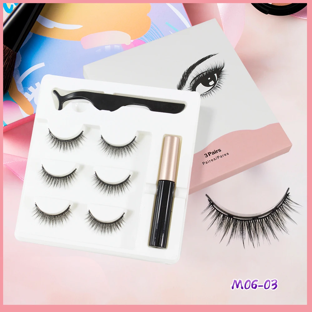 

3 pairs magnetic eyelashes and eyeliner set natural eyelash extensions 3d magnetic lashes mink wholesale