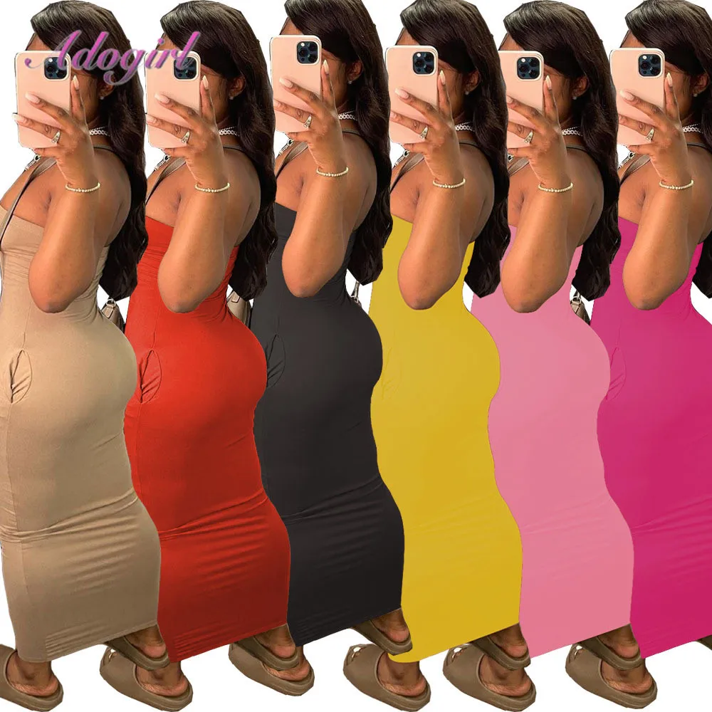 

Women Summer Solid Dress Casual Strapless Sleeveless With Pocket Maxi Dress 2021sexy Backless Outfit Party Club Dresses Vestidos
