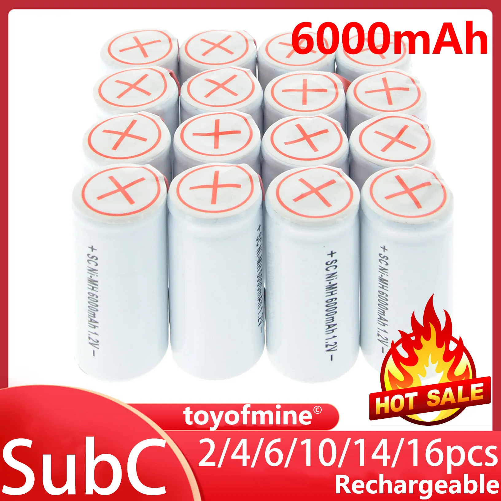 

2/4/6/10/14/16pcs Sub C SubC With Tab 6000mAh 1.2V Ni-MH Rechargeable Battery White High Power