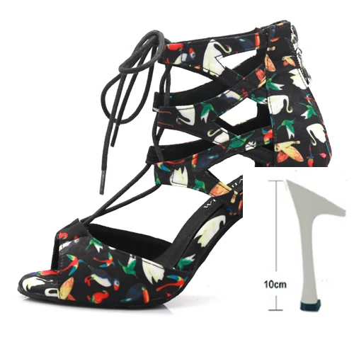 Black heel 10cm WUXIJIAO танцевальная обувь для латинских танцев; женская Тканевая обувь для сальсы с принтом «гусиная лапка»; профессиональная танцевальная обувь; Мягкая Обувь для бальных танцев - Цвет: Black heel 10cm