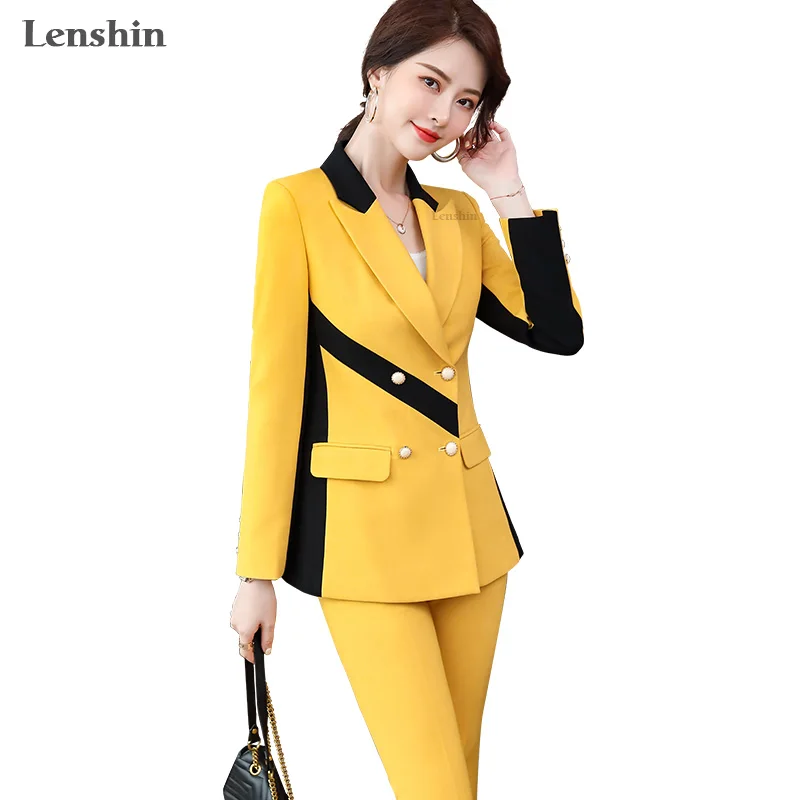 Lenshin High Street Fashion Style 2 Piece Set for Women Contrast Pant Suit Business Office Lady Work Wear Blazer and Trouser | Женская
