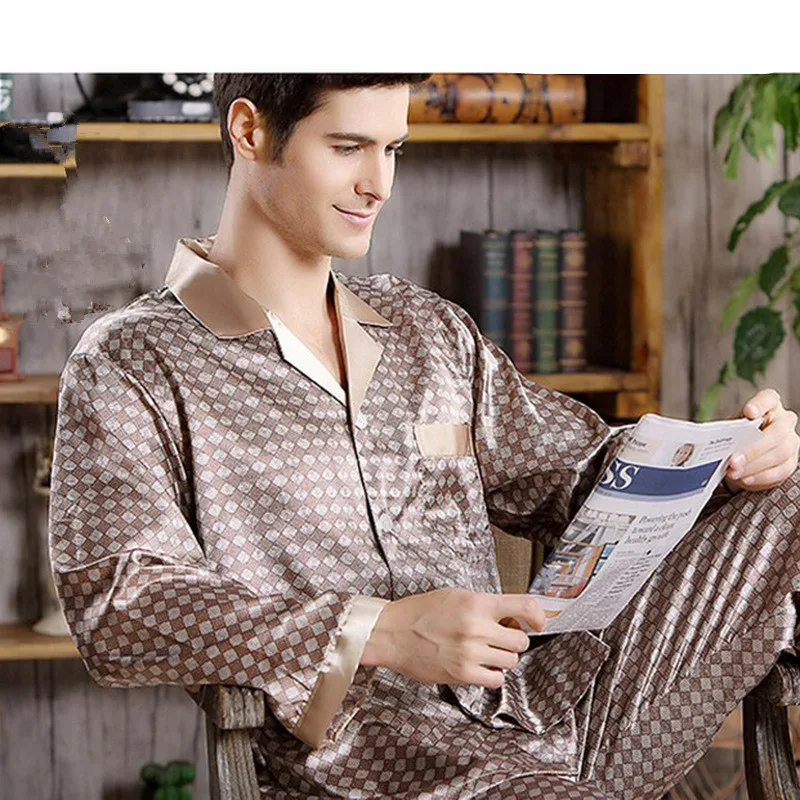 

Pajama Set High Quality Silk Pajama for Men Sleep Tops Trousers Two Pieces Long Sleeved Sleepwear Satin Set Plus Size Pyjamas
