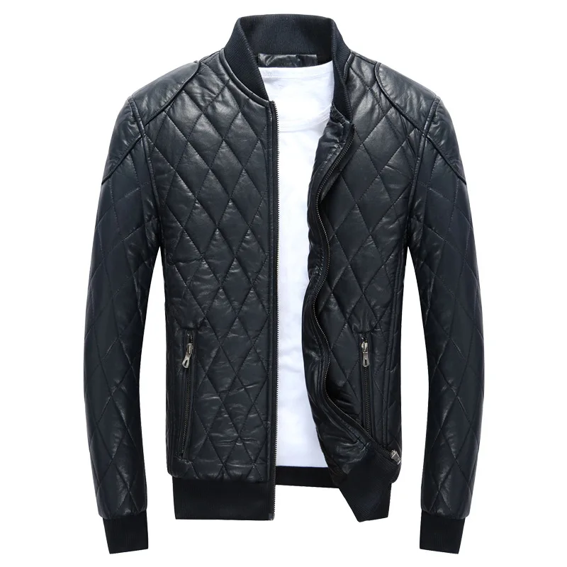 

New Fashion Casual Stand-up Collar Jacket Leather Jacket Men's Autumn and Winter Plus Velvet Baseball Collar PU Leather Jacket