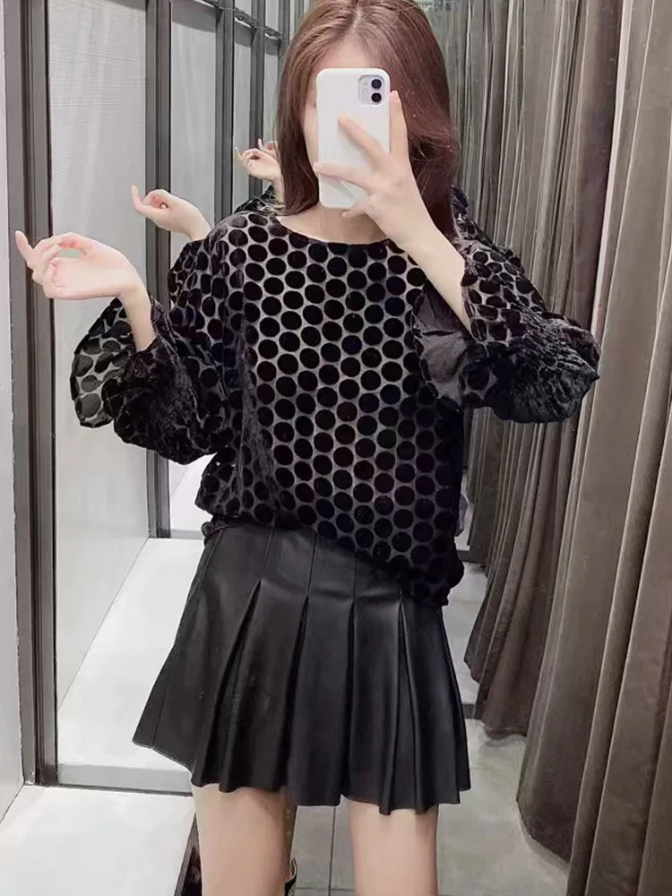 Женская бархатная блузка в горошек с длинным рукавом и круглым вырезом | одежда