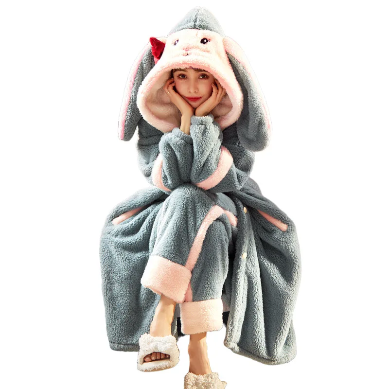 Women'S  Winter Long Nightgown Coral Velvet Thickening Plus  Cute Cartoon Flannel Home Clothing Pajamas