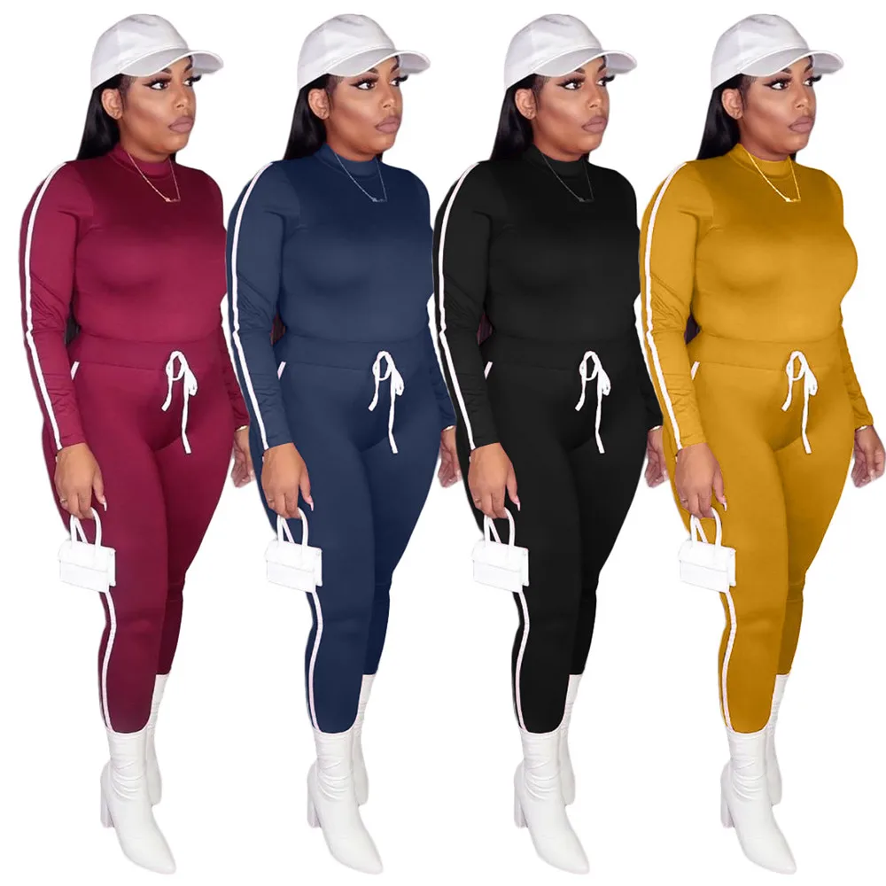 

Fall 2020 new fashion solid color sports two piece suit slim o-neck long sleeve T-shirt and trousers women's set