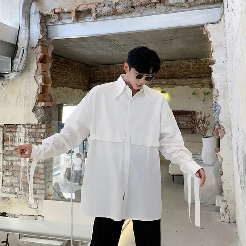 Men's Long Sleeve Shirt Spring And Autumn New Style Personality Ribbon Decoration Street Japanese Casual Loose Large Size Shirt