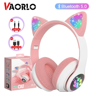 vaorlo flash lamp cute cat ears headphone bluetooth5 0 stereo with mic support tf card wireless kids girl earphone birthday gift free global shipping