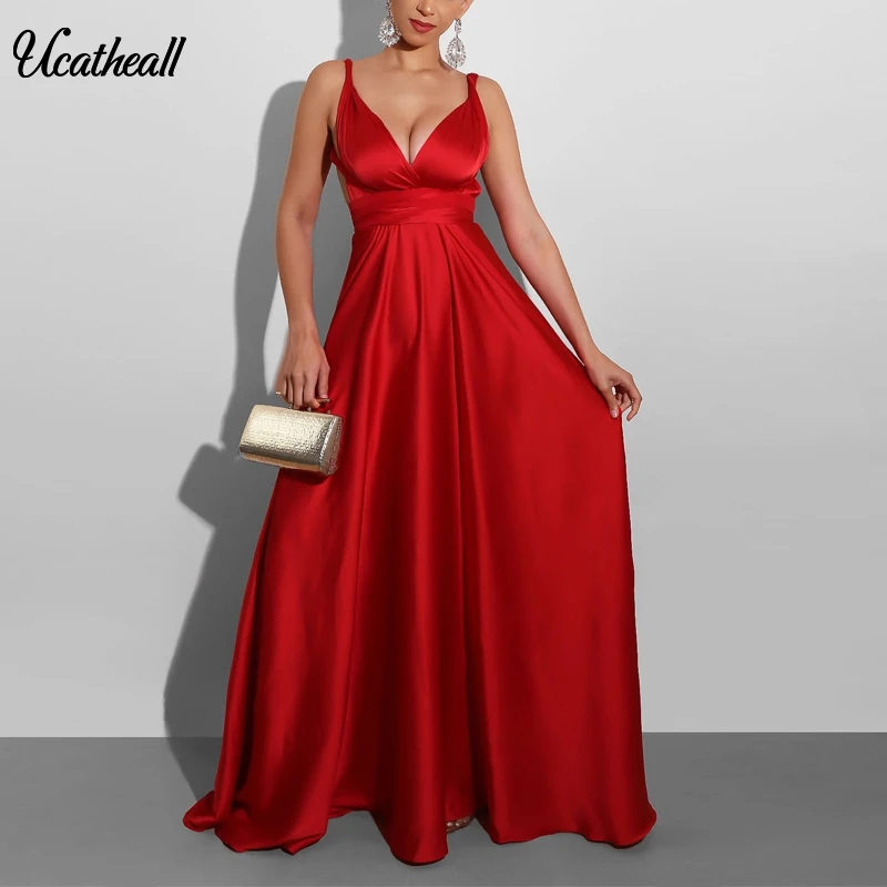 

Женское свободное вечернее платье, однотонное плиссированное платье на бретелях-спагетти, женское летнее платье макси для отпуска с открыт...