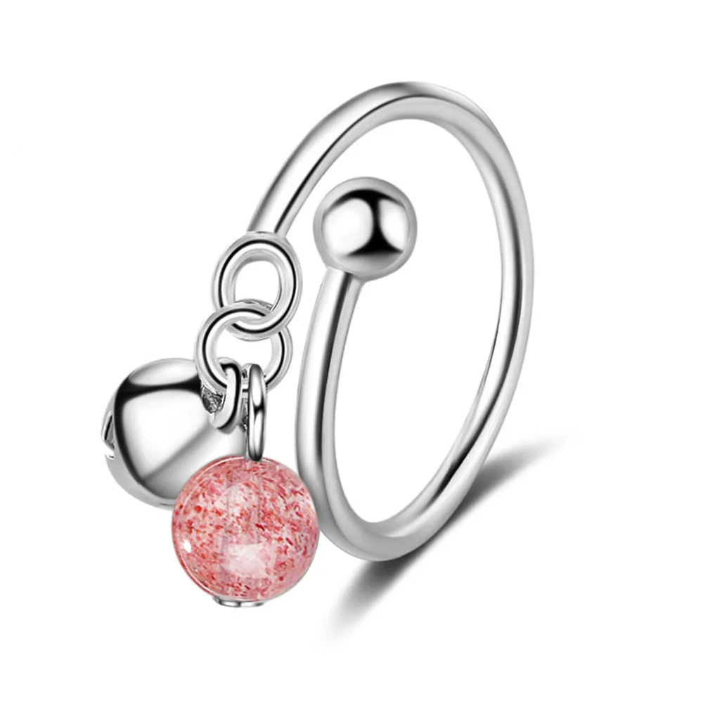 

100% 925 Sterling Silver Trendy Little Bell Pink Rhinestone Lady Finger Rings Jewelry Women Open Party Ring Gift No Fade