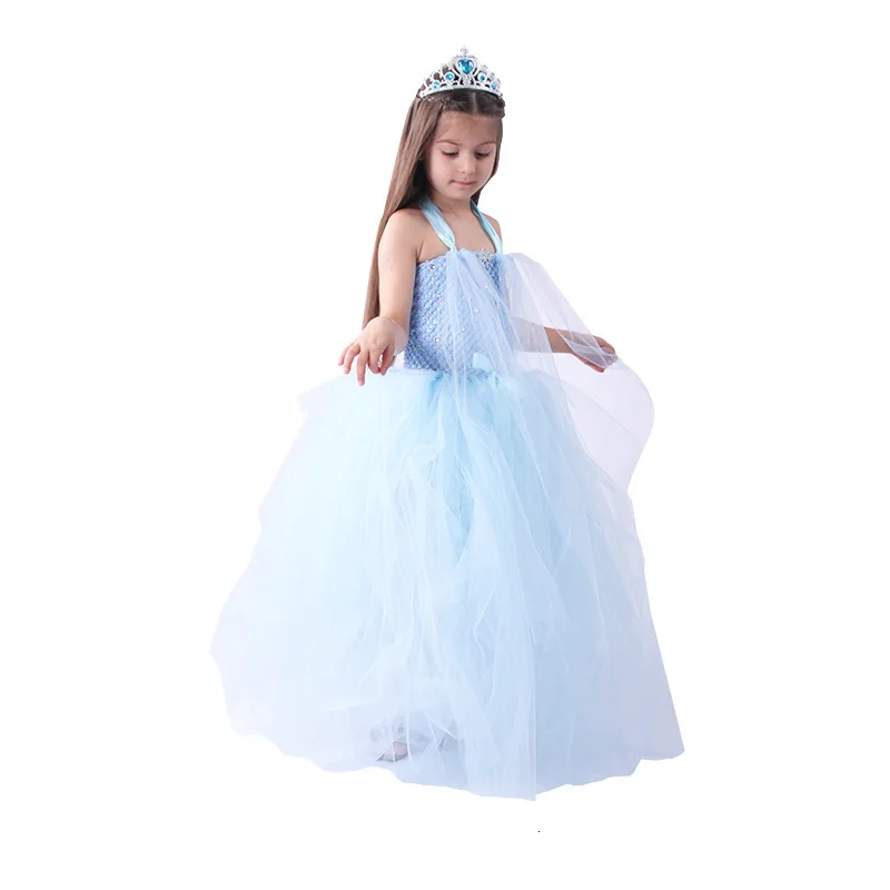 Костюм Эльзы для девочек синее платье Снежной королевы с длинным шлейфом