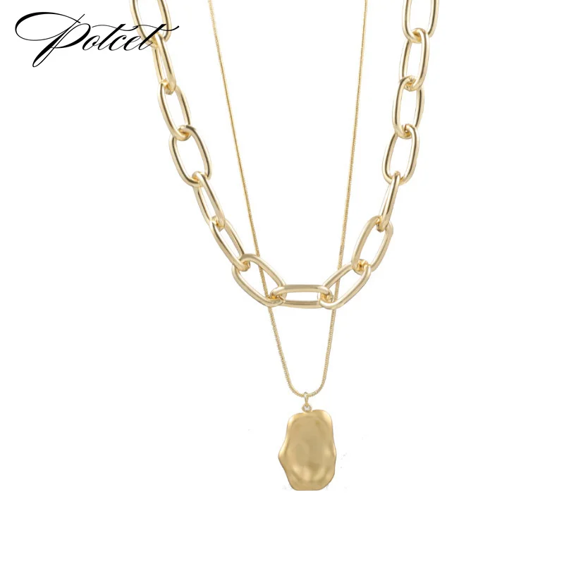 

POTCET Unisex Double Layered Necklace Retro Graphic Pendant Sweater Chain Geometric Fashion Hip Hop Party Jewelry