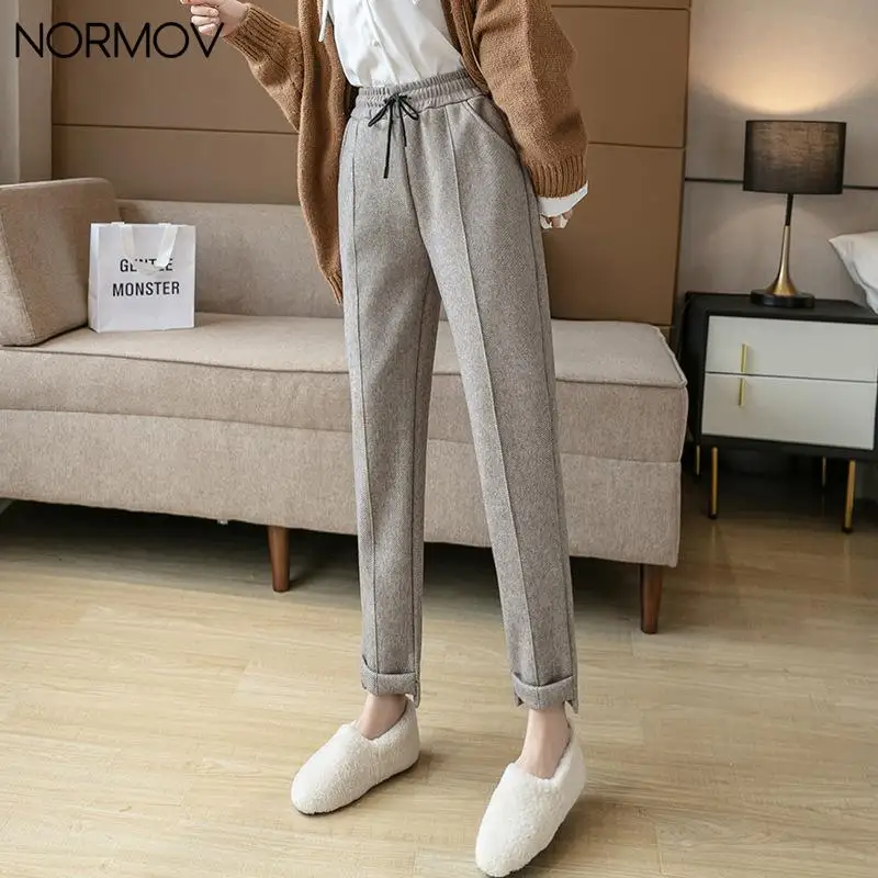 

NORMOV Women Pants Autumn Winter Casual Woolen Trousers High Waist Loose All Match Harem Pants Casual Ankle-Length Straight Pant
